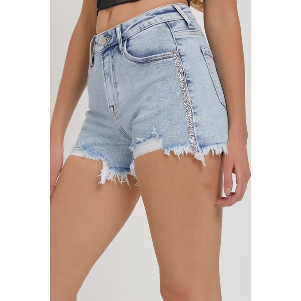 RISEN High Rise Rhinestone Strap Embellished Denim Shorts - RDS6081 - Size Large - Picture 7 of 7